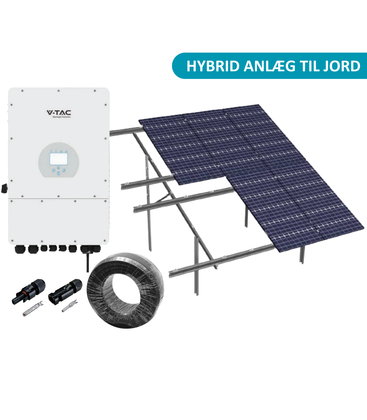 10kW komplet 3-faset hybrid solcelleanlæg - Jordbaseret anlæg, DEYE hybrid inverter, Alu celler