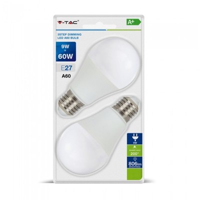 V-Tac 9W LED pære - 3-trin dæmpbar, A60, on/off dæmpbar, E27 - Dæmpbar : Dæmpbar, Kulør : Varm