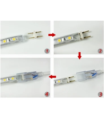 Montering af stik og endeprop til 230V LED strip system.
