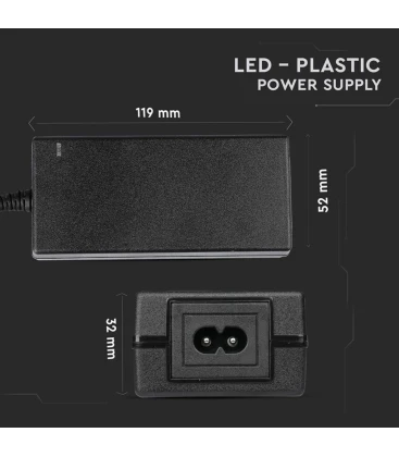 Dimensioner og specifikationer på en 60W 12V strømforsyning til beregning af kapacitet.